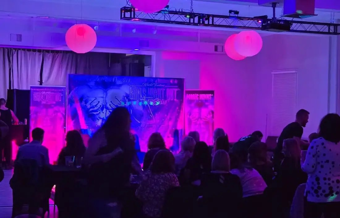 A full seated audience in The Loft at 660 watching a ticketed touring show under pink and purple lighting.